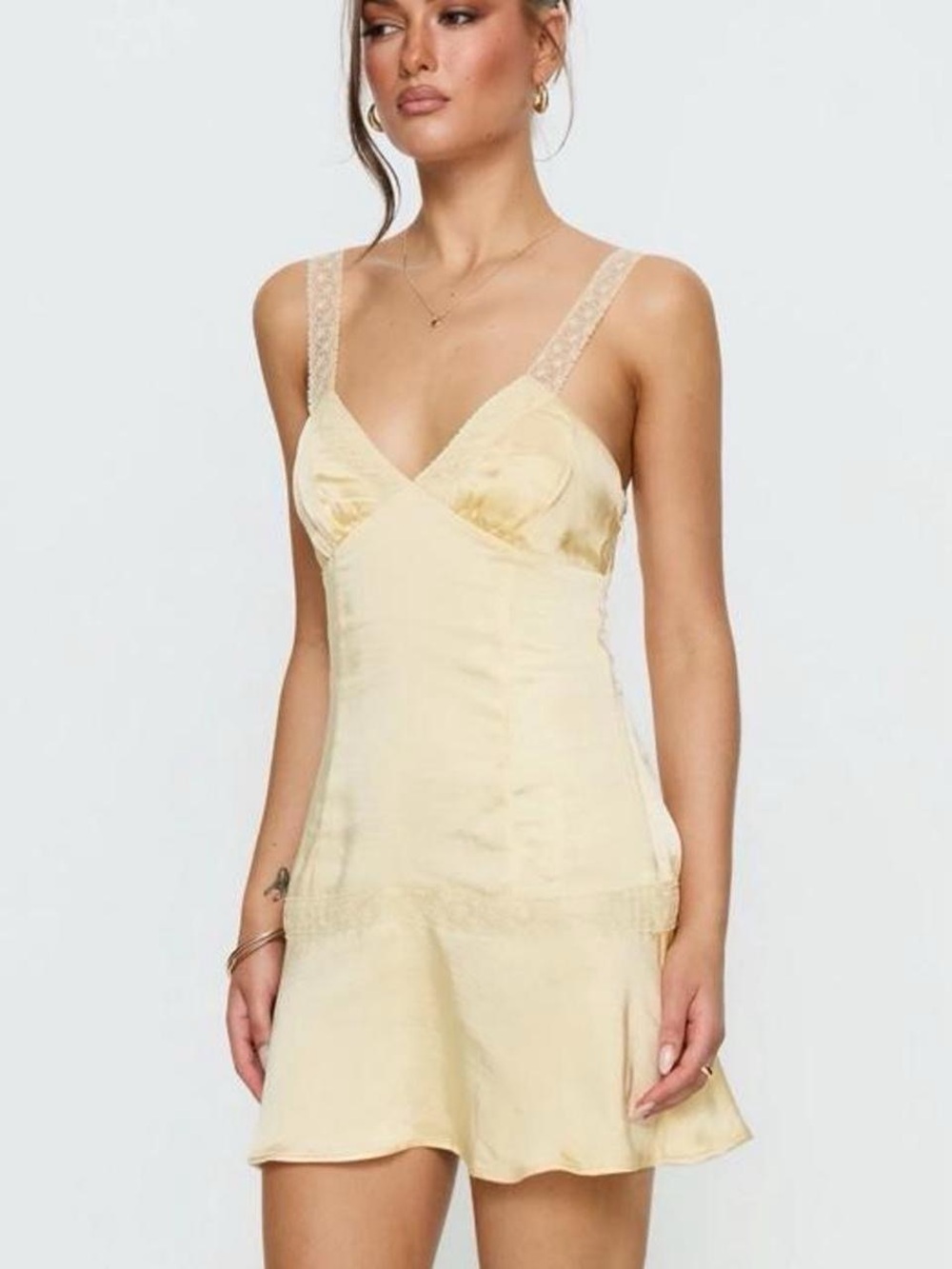 Princess Polly Pale Yellow Satin Lace-Trim Mini Dress